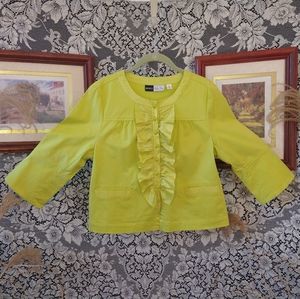 Chloe Dao bright green swing jacket buttons down ruffles on front and slit cuffs